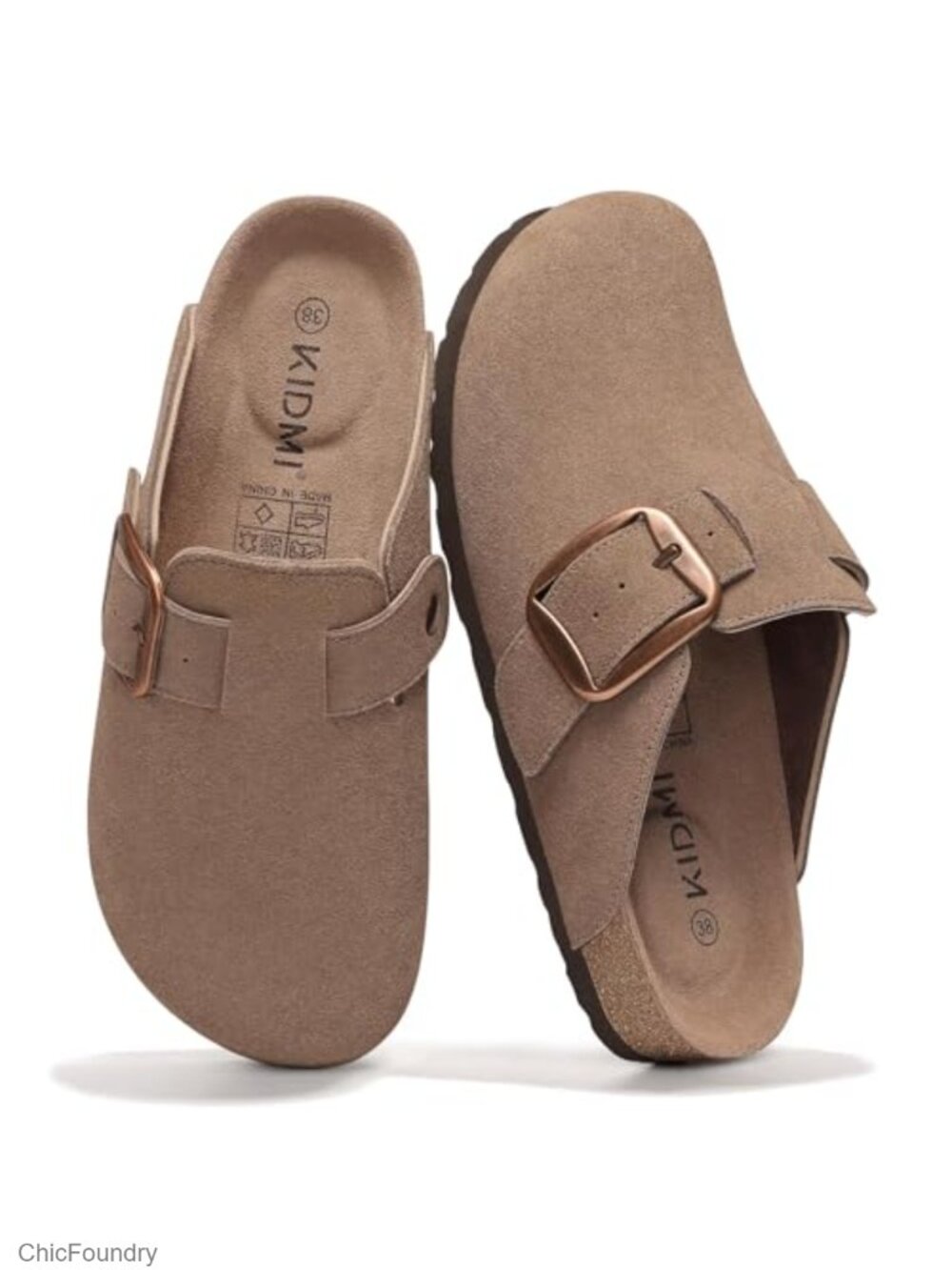 Genuine Suede Clogs Big Buckle Memory Foam Cork Footbed Mules